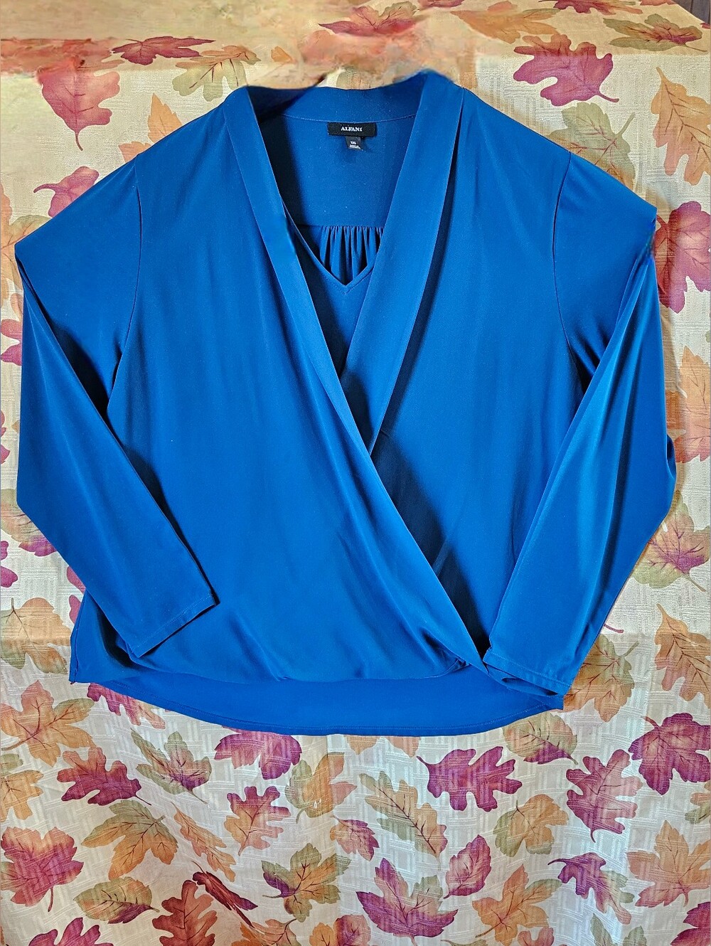 Alfani XXL Cobalt Blue Long Sleeve Draped V-Neck Top, Faux Wrap Elegant Blouse - Picture 2 of 7